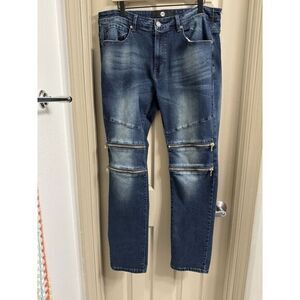 Jordan Craig Men 36x32 Moto Zipper Aaron Skinny Dark Wash Stretch Zip Knee Jeans